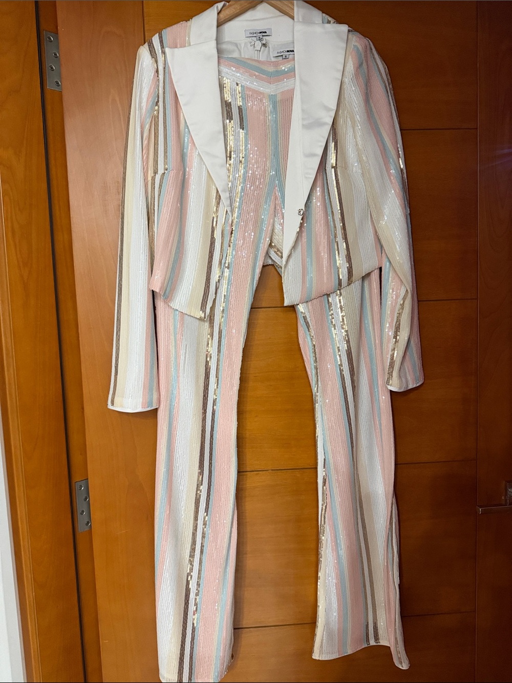 Fashion Nova Pastel Sequin Striped Blazer & Pants Set - Pink Multi
